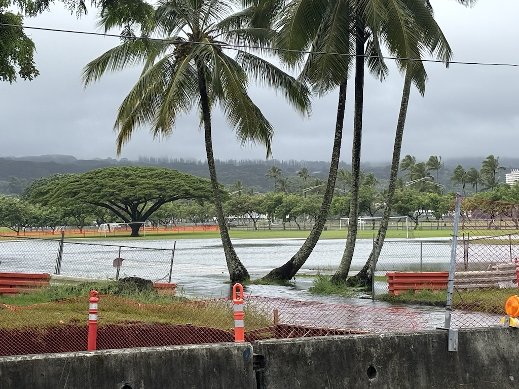 Flooded football fields in downtown Hilo